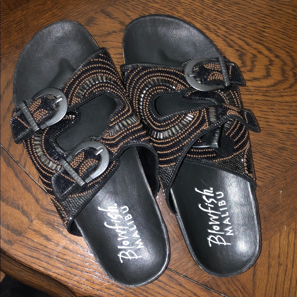 Blowfish Black and Brown Beaded Double-Buckle Slide Sandals